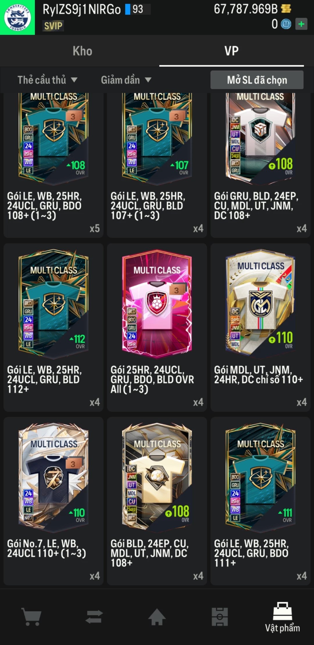 Ảnh ACC mở thẻ (LOẠI SVIP PROMAX) bao gồm 1 gói thẻ +12, thẻ PRIME và 1000+ thẻ cầu thủ từ Siêu sao đến Miền núi các loại. Có sẵn BP trắng trong acc từ 57.000 tỷ BP đến 67.000 tỷ BP, kèm theo nhiều ngày SVIP